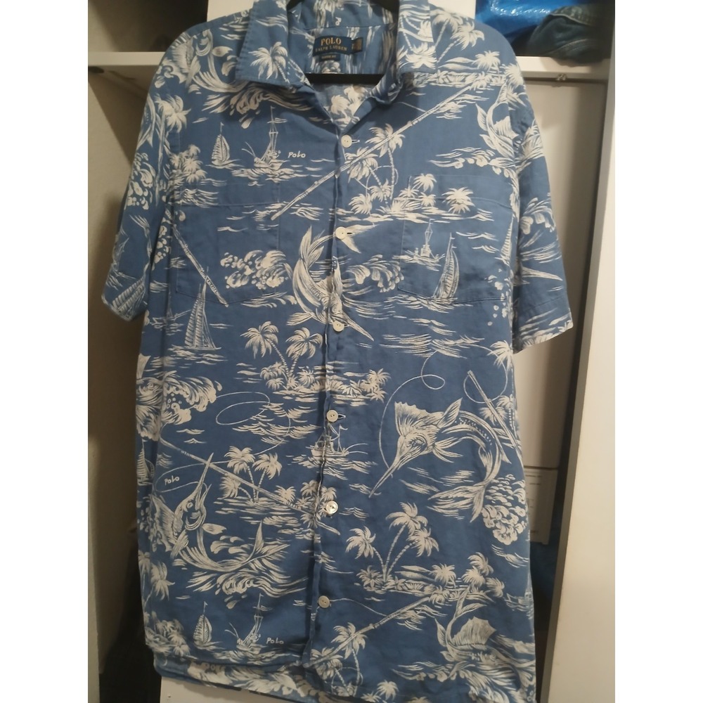 Ralph Lauren Shirt Mens XXL Blue Tropical Hawaiian Untucked Classic Button Up